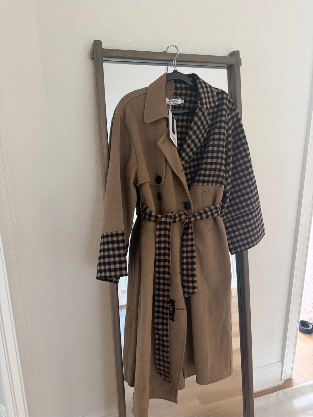 Contrast Plaid Belted WOOL CASHMERE Trench Coat - Camel/Black